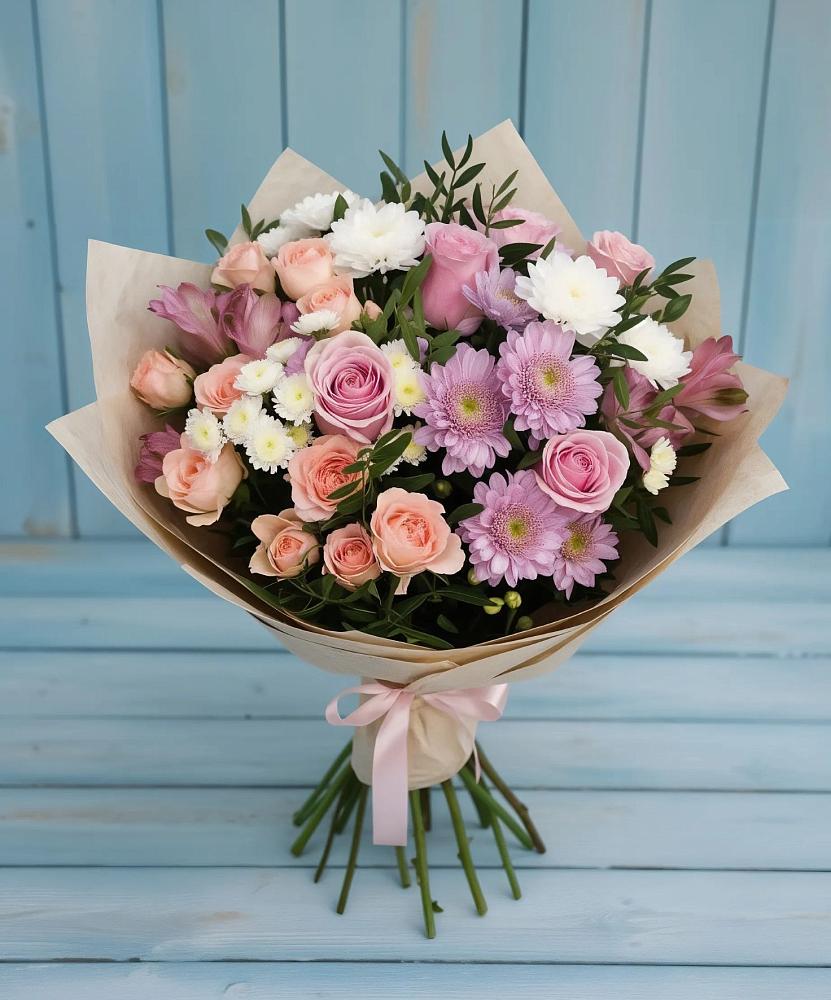Букет цветов из: Хризантемы, Розы и Альстромерии в Мичуринске