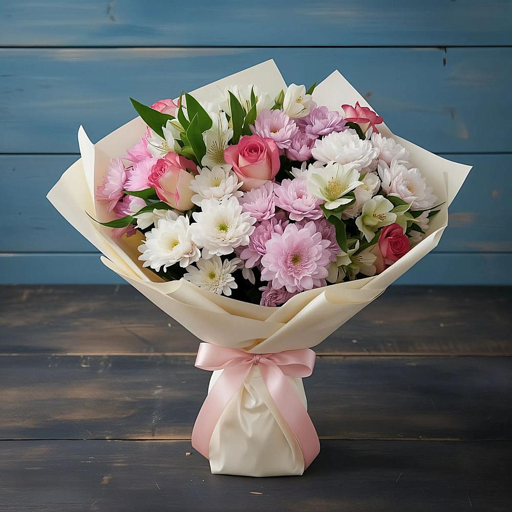 Букет цветов из: Хризантемы, Альстромерии и Розы в Мичуринске